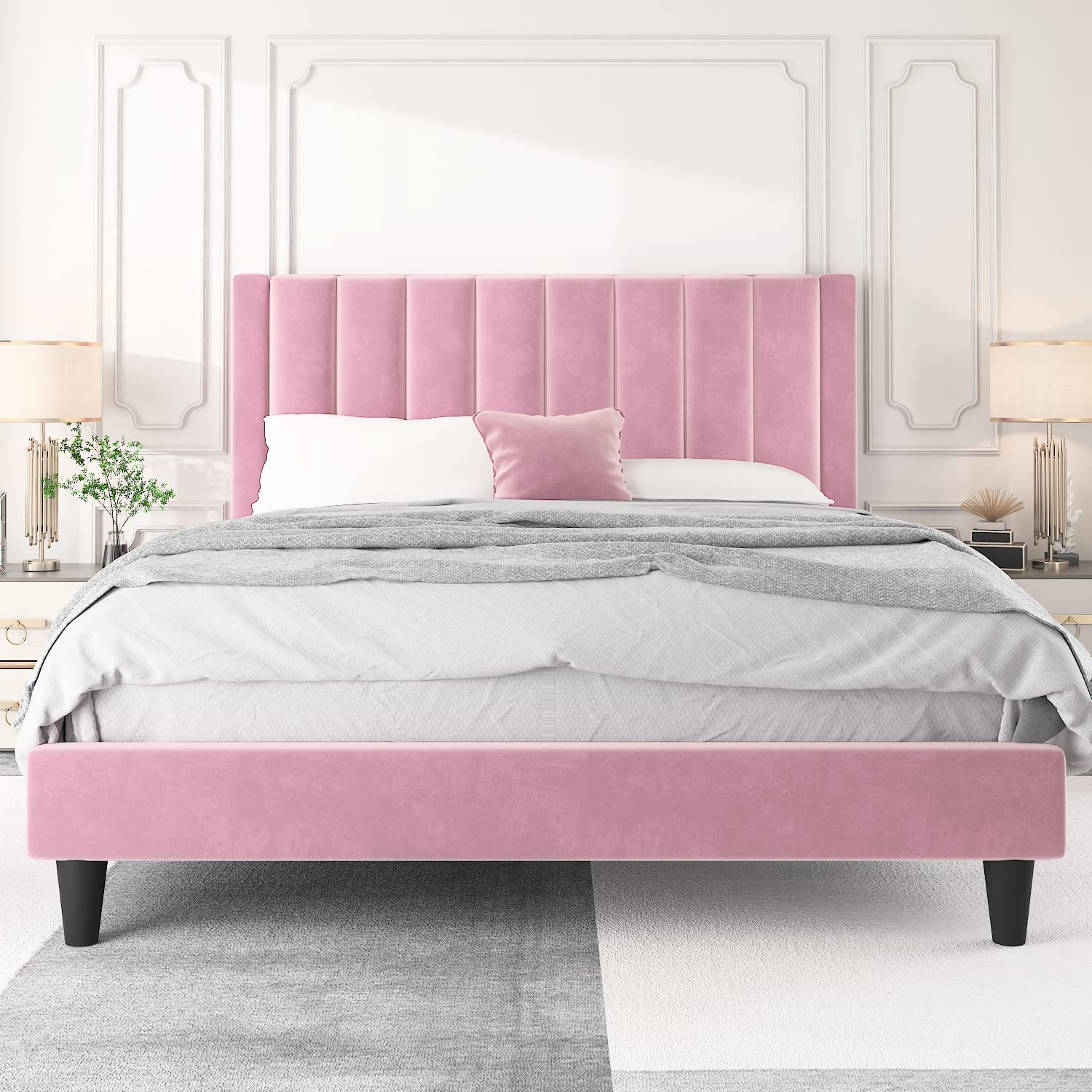 HOOMIC Queen Size Platform Bed Frame with Velvet Upholstered Plush Vertical Channel Headboard, No Box Spring Needed, Easy Assembly,Pink