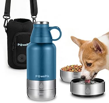 PawsPik 32oz 3-in-1 Travel Dog Water Bottle & Bowl Set Stainless Steel Vacuum-Insulated Bottle with Detachable Food & Water Bowls, Leak-Proof, Keeps Water Cold 12hrs/Hot 6hrs Midnight Summit Blue