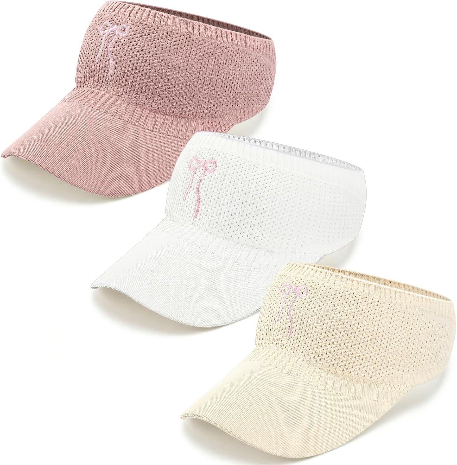 Shyyween 3 Pack Pink Bow Sport Sun Visor Hats for Women Knitted Breathable Mesh Visor Hat with Pink Bow Y2k UV Protection Outdoor Sport Cap for Tennis Running Cycling Golf