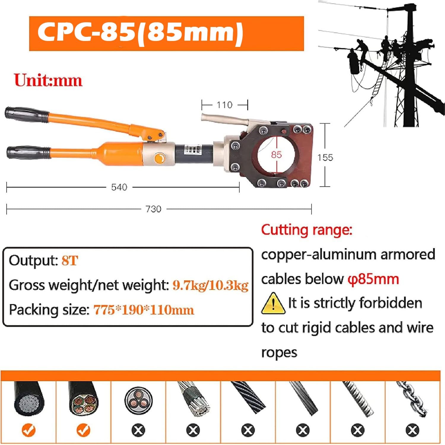 Cortadores de cables hidráulicos con mango ergonómico y hoja de alta resistencia para corte de alambre