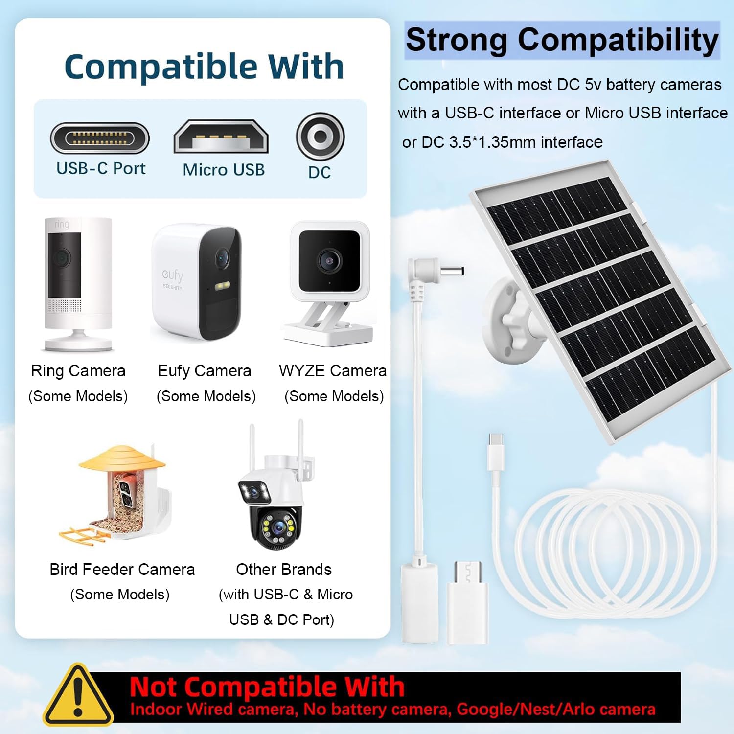 Solar Panel for Ring Camera, 8W Solar Charger Compatible with Stick Up Cam Pro/Plus & Spotlight Cam (Battery) Plus/Pro - Waterproof, 16ft Long Cable, DC3.5mm & USB C Ports, White Solar Panel for Ring Camera, 8W Solar Charger Compatible with Stick Up Cam Pro/Plus & Spotlight Cam (Battery) Plus/Pro - Waterproof, 16ft Long Cable, DC3.5mm & USB C Ports, White