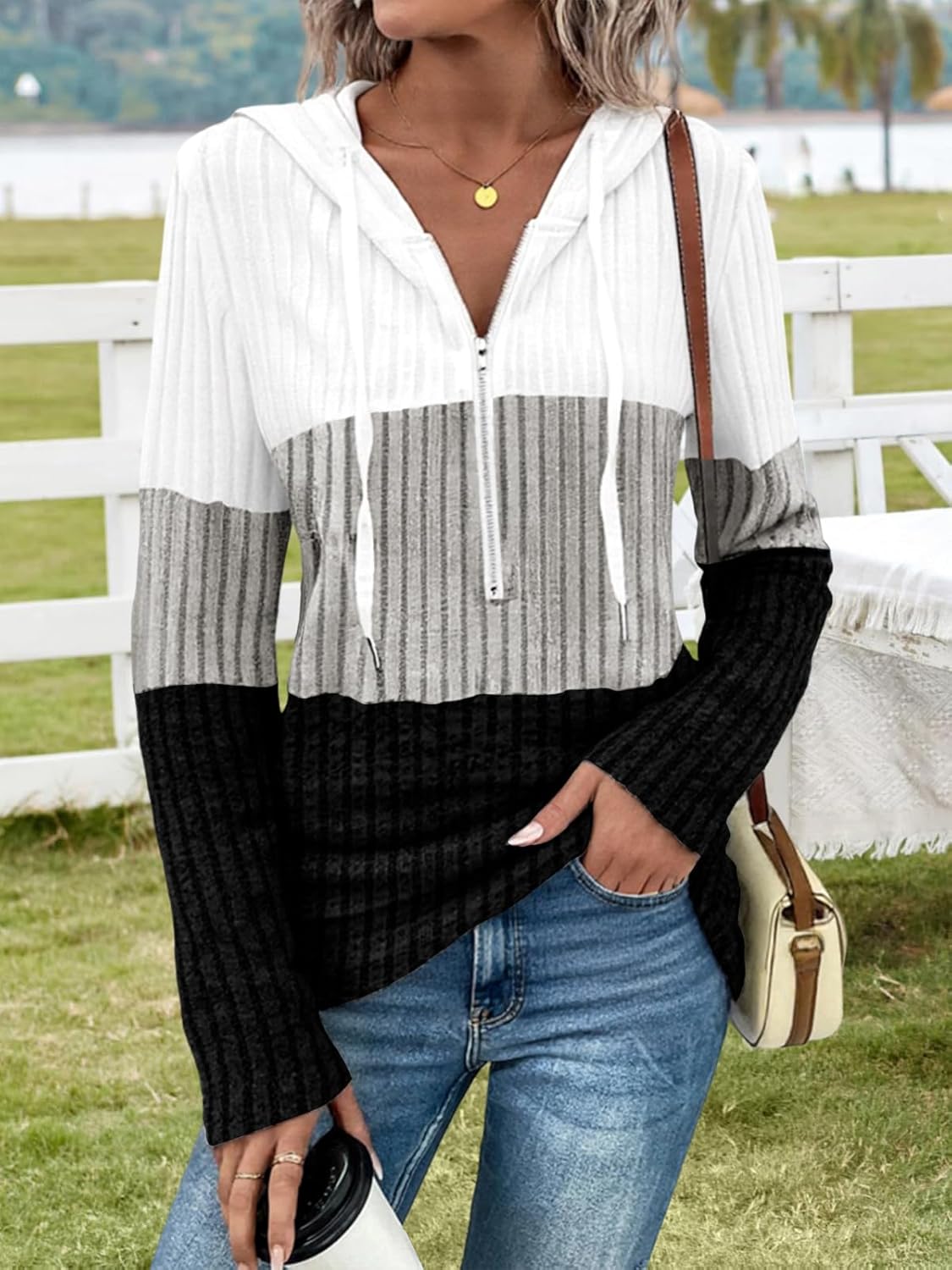 Womens Sweaters Fall Clothes Color Block Half Zip Womens Hoodies Elegant Sweatshirts Lightweight Tops Fashion Tunic - Image 5