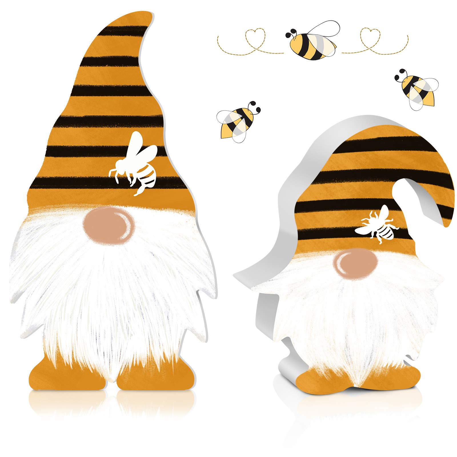 Jetec 2 Pieces Bumble Gnome Bee Scandinavian Wooden Sign Farmhouse Bee Elf Gnome Decor Kitchen Bee Party Birthday Tiered Tray Table Decorations for Office Home Decoration