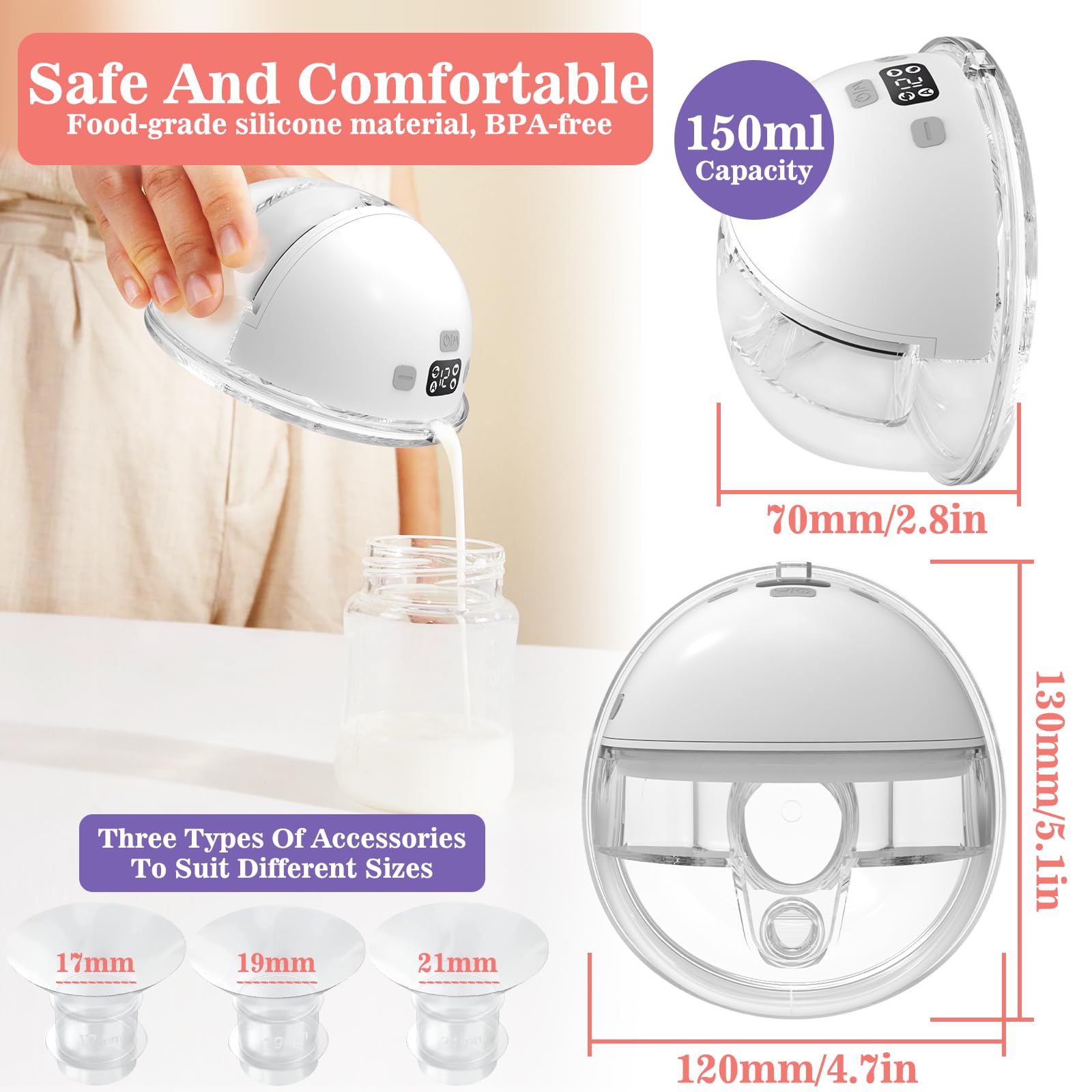 Tire Lait Electrique avec 4 Modes, 2 Tire Lait Portable, Breast Pump Electric Main Libre avec 2 Boucles de Réglage de Soutien-Gorge et Bride de 17/19/21mm, Faible Bruit, avec Écran Led, Blanc