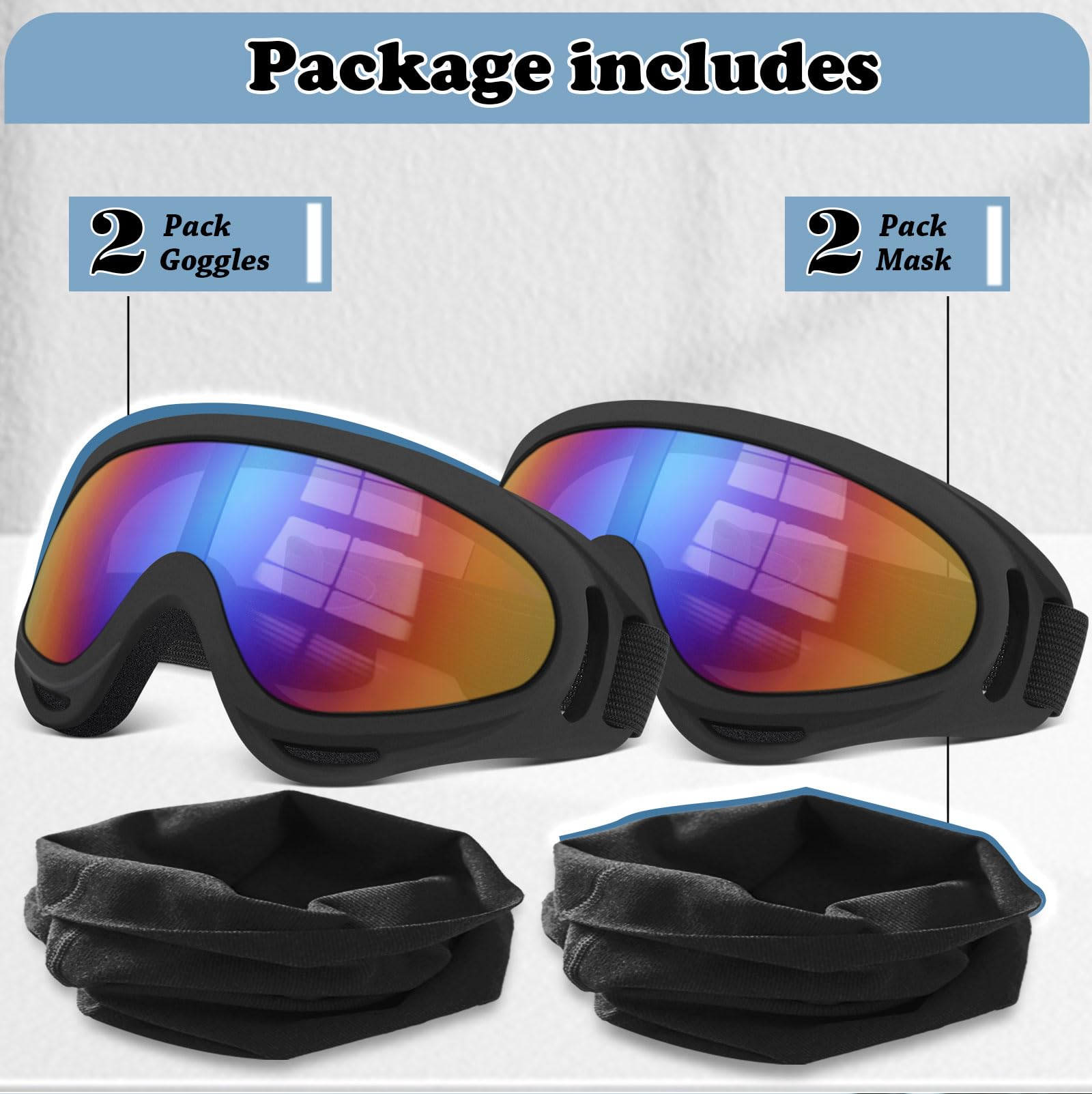 Gafas de motocross, paquete de 2 gafas de motocicleta ATV antiimpacto, gafas de esquí con 2 máscaras faciales