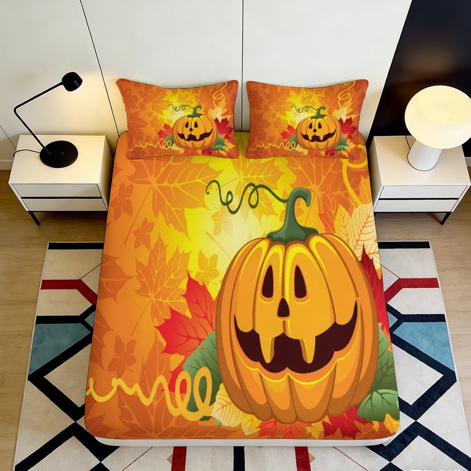 3D Printed Halloween Pumpkin Fitted Sheet Microfiber Soft Orange Leaf Bed Cover for Bedroom Guestroom Mattress Decor 90x200x25cm