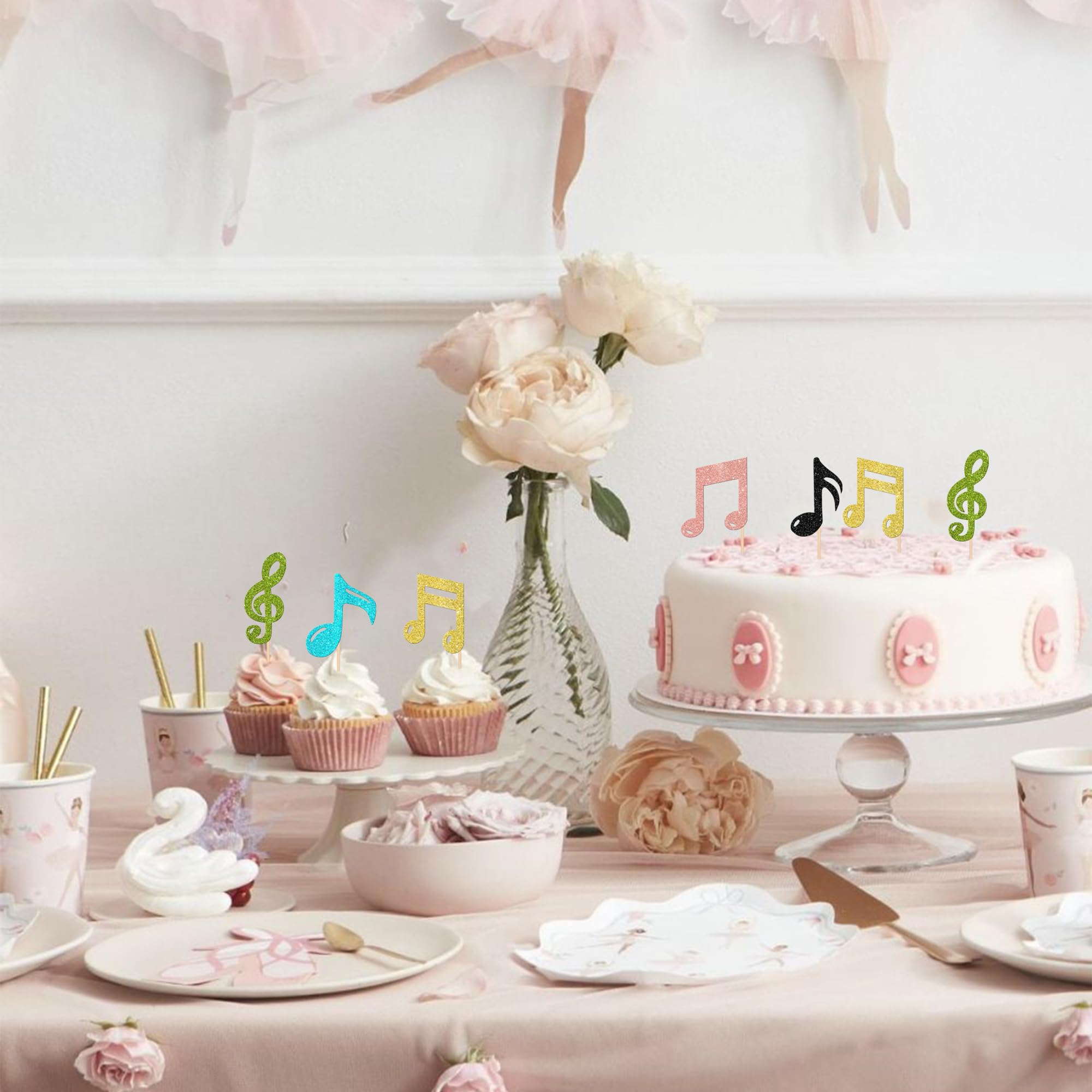 Cupcake-Topper Mit Musiknoten – 18 Stück, Glitzernd In Gold, Silber & Schwarz, Für Musiker-Party