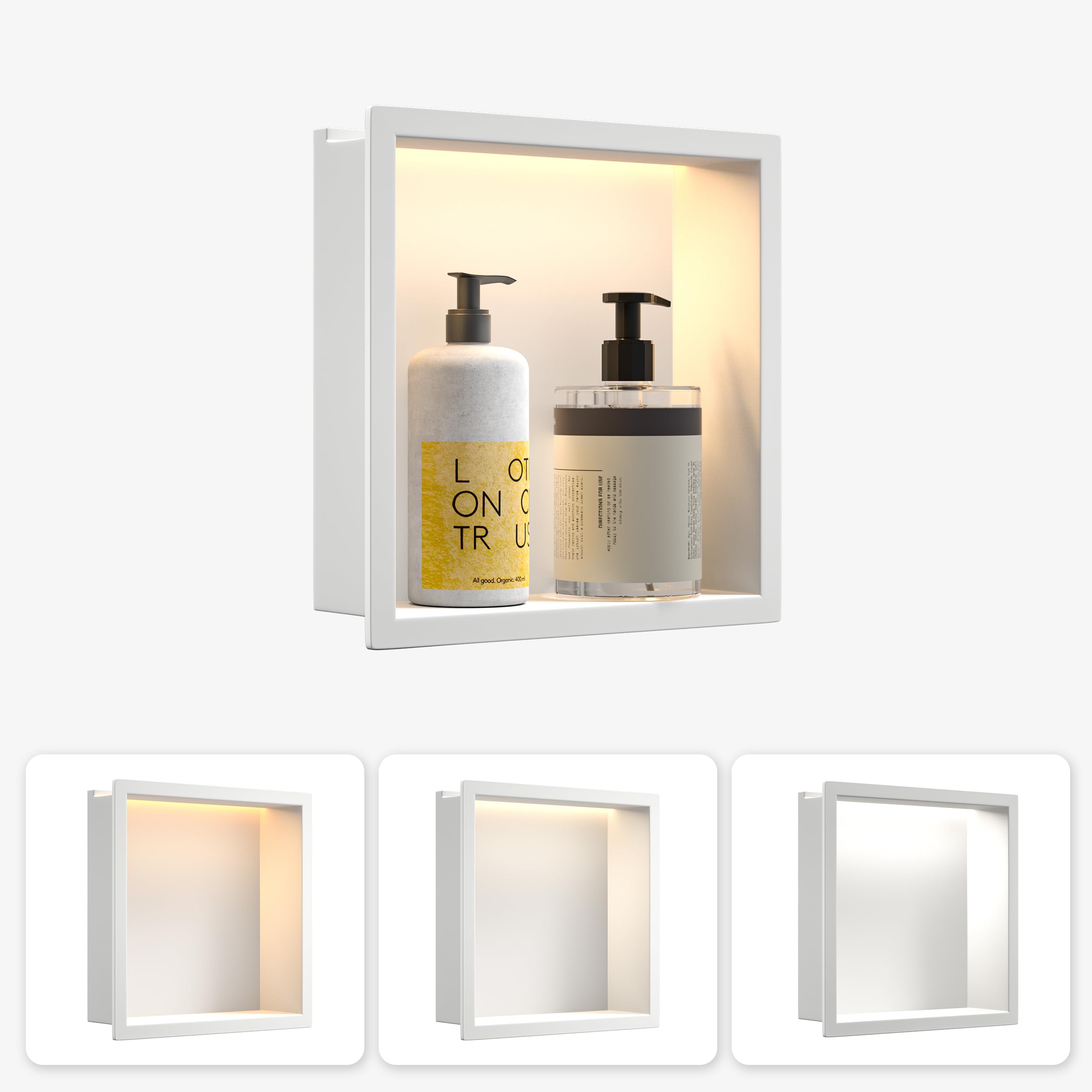 Bernkot Led Shower Niche 12" X 12" White Recessed Stainless Steel Niche Shower for Bathroom Wall No Tile Needed Niches with Dimmable LED Lighting 3000K/4000K/6000K IP66 Waterproof