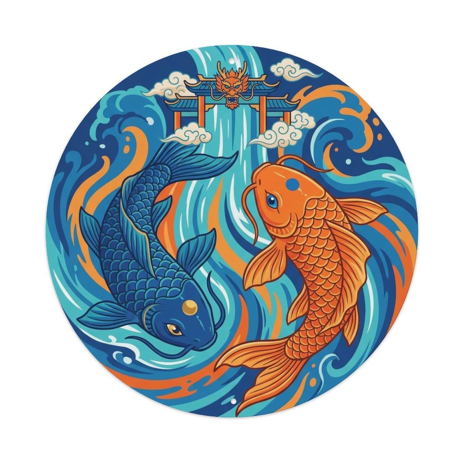 Tai Chi Koi Fish Dragon Gate Waterfall Transformation Ascend Metal Tin Sign