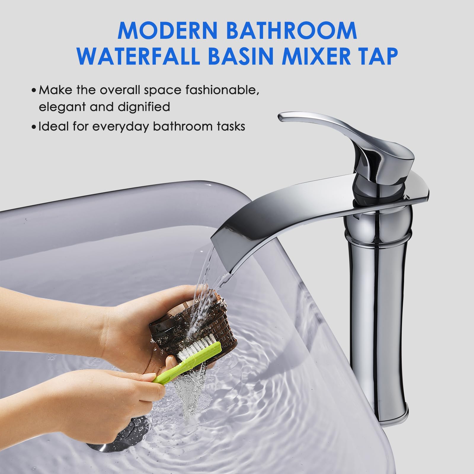 ROVOGO Chrome Waterfall Tall Basin Mixer Tap, Single Handle Bathroom Sink Mixer Tap, High Rise Bathroom Mixer Sink Faucet - Image 3