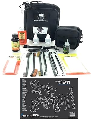 RangeMaster Elite EDC Bag Gun Cleaning Kit- Compatible for 1911 - Schematic Mat (Exploded View) with Hoppes Gun Oil No.9 Solvent & Patches Clenzoil CLP 10 Pc Cleaning Accessories Set