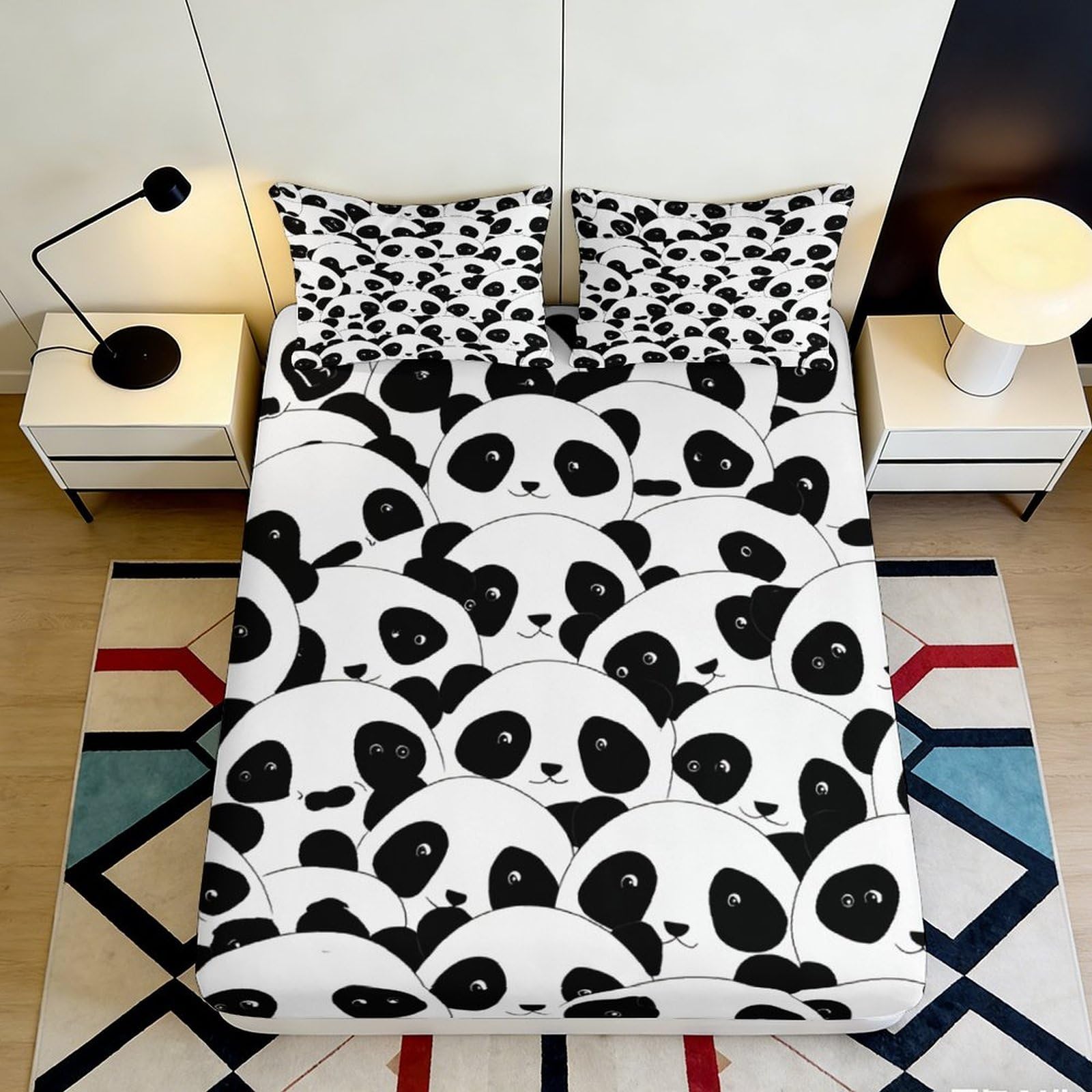 3D Printed Panda Family Fitted Sheet Microfiber Black White Cartoon Bear Mattress Cover for Bedroom Guest Room Decor 90x200x25cm