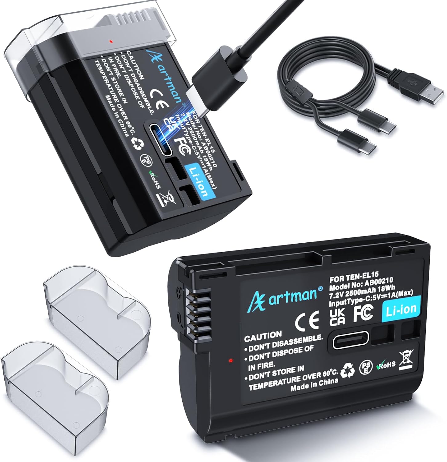 Artman EN-EL15C Battery 2-Pack 2500mAh with 2in1 USB-C Charging Cable, EN-EL15 Battery for Nikon Z8 Zf Z5 Z6 Z6 II Z7 Z7II D7000 D7200 D7500 D600 D610 D750 D780 D800 D850 D800E D810 D810A 1 V1 Cameras