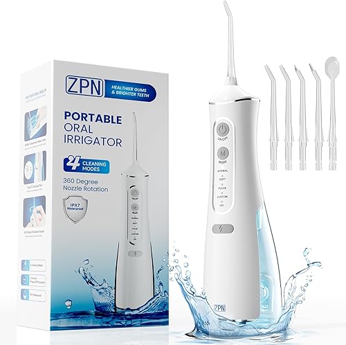 ZPN Palillos de agua para limpieza de dientes y hilo dental con 5 puntas de chorro reemplazables, IPX7 impermeable irrigador dental portátil y