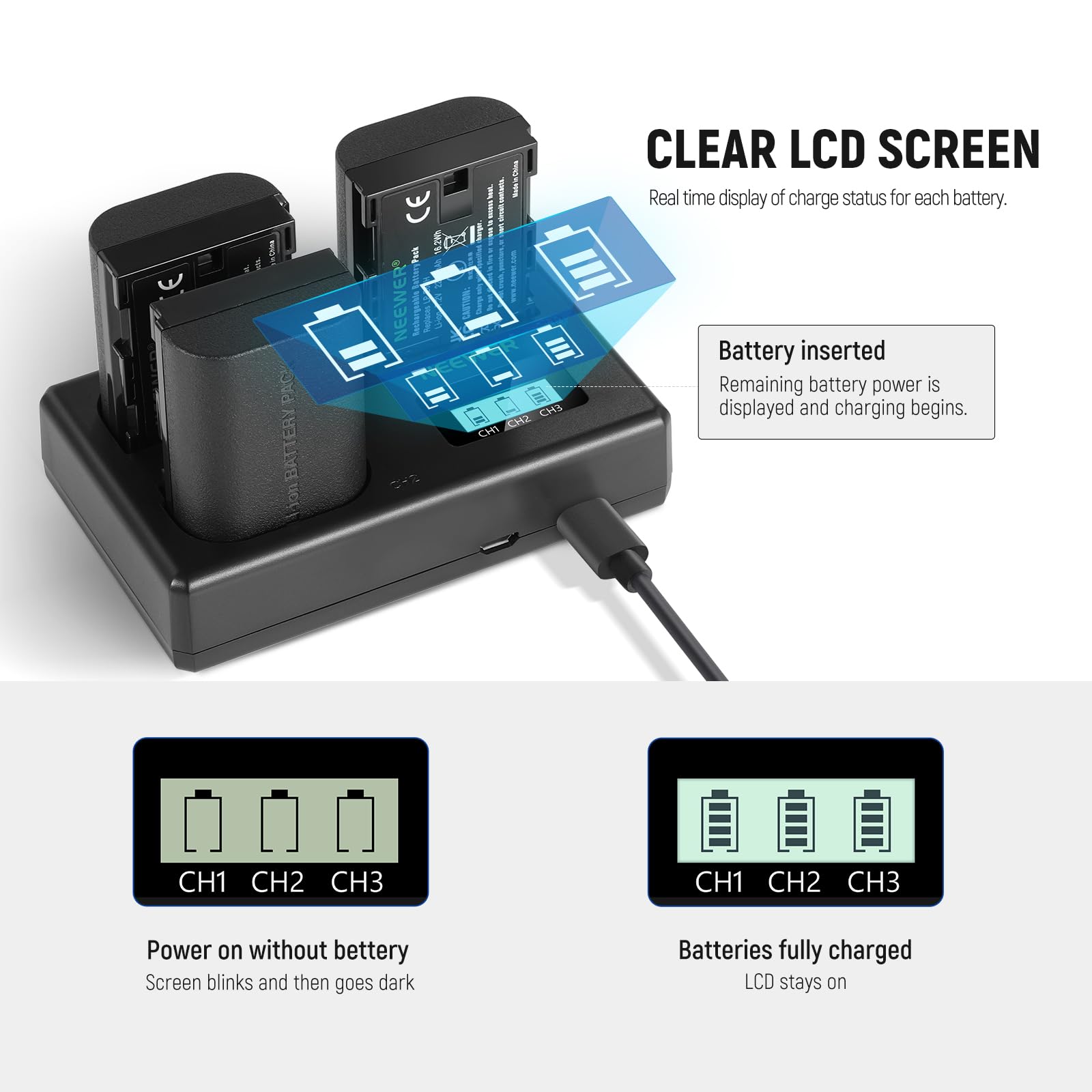 NEEWER Ersatzakku und Ladegerät Set für LP-E6NH, 2250 mAh Ersatz für LP-E6NH Akku & USB Ladegerät mit DREI Steckplätzen Kompatibel mit Canon EOS R7 R5 R6 R6 II R, 5DIV, 6DII, 7DII, 80D,90D