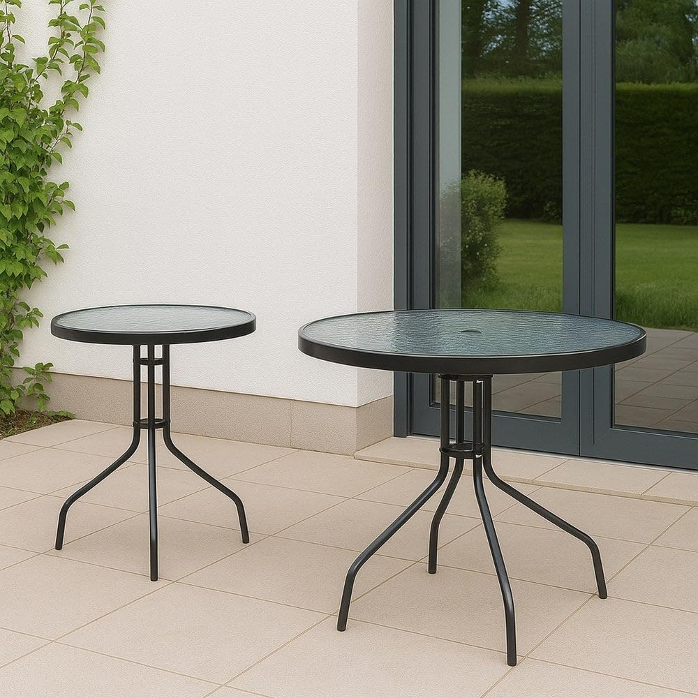 LOLAhome Mesa de jardín de Acero y Cristal Templado | De Ø 60 cm | Pintuta Color Antracita con epoxi Anticorrosión | Resistente y Duradera | Balcón, Terraza o Jardín | Trivia