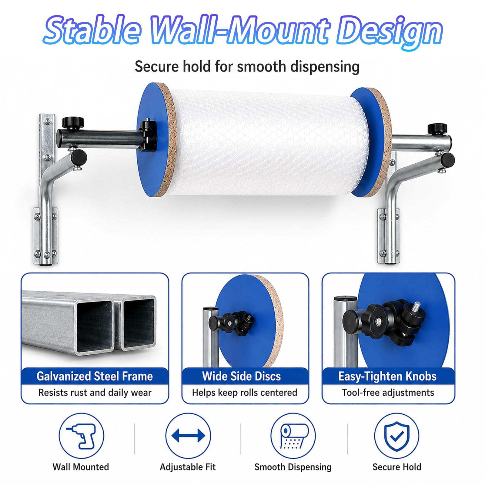 Supporto da Parete per Dispenser di Pluriball, Porta Film per Imballaggio, Larghezza Massima 400 Mm, Porta Rotolo di Pluriball in Metallo, Materiale in Acciaio Zincato Rinforzato