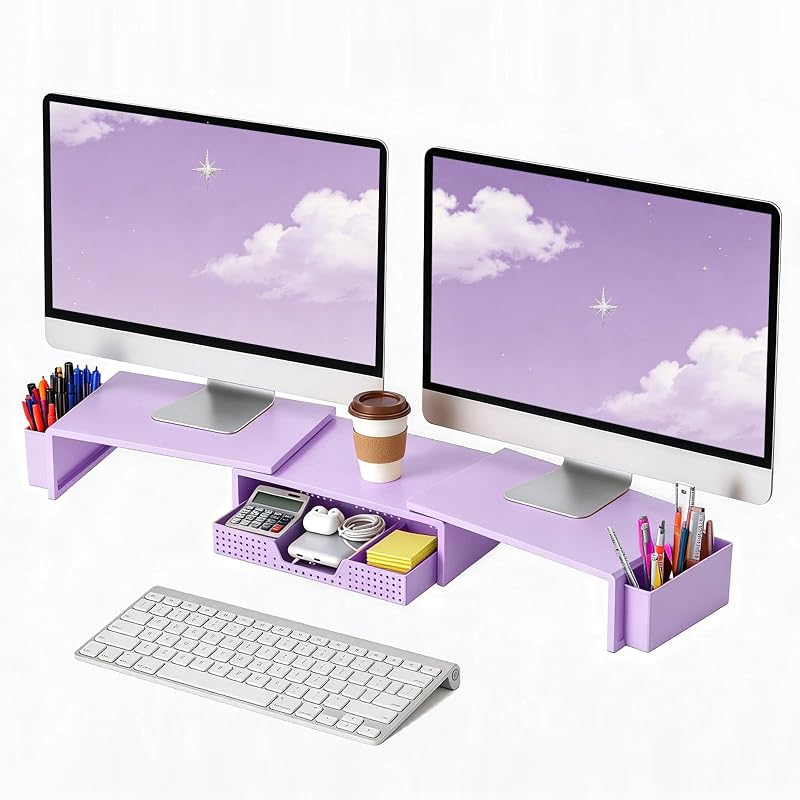LEKETREE Soporte elevador para monitor dual con cajón, organizador de escritorio y accesorios, soporte para monitor para escritorio, soporte de escritorio para computadora, computadora portátil, TV y más (púrpura)