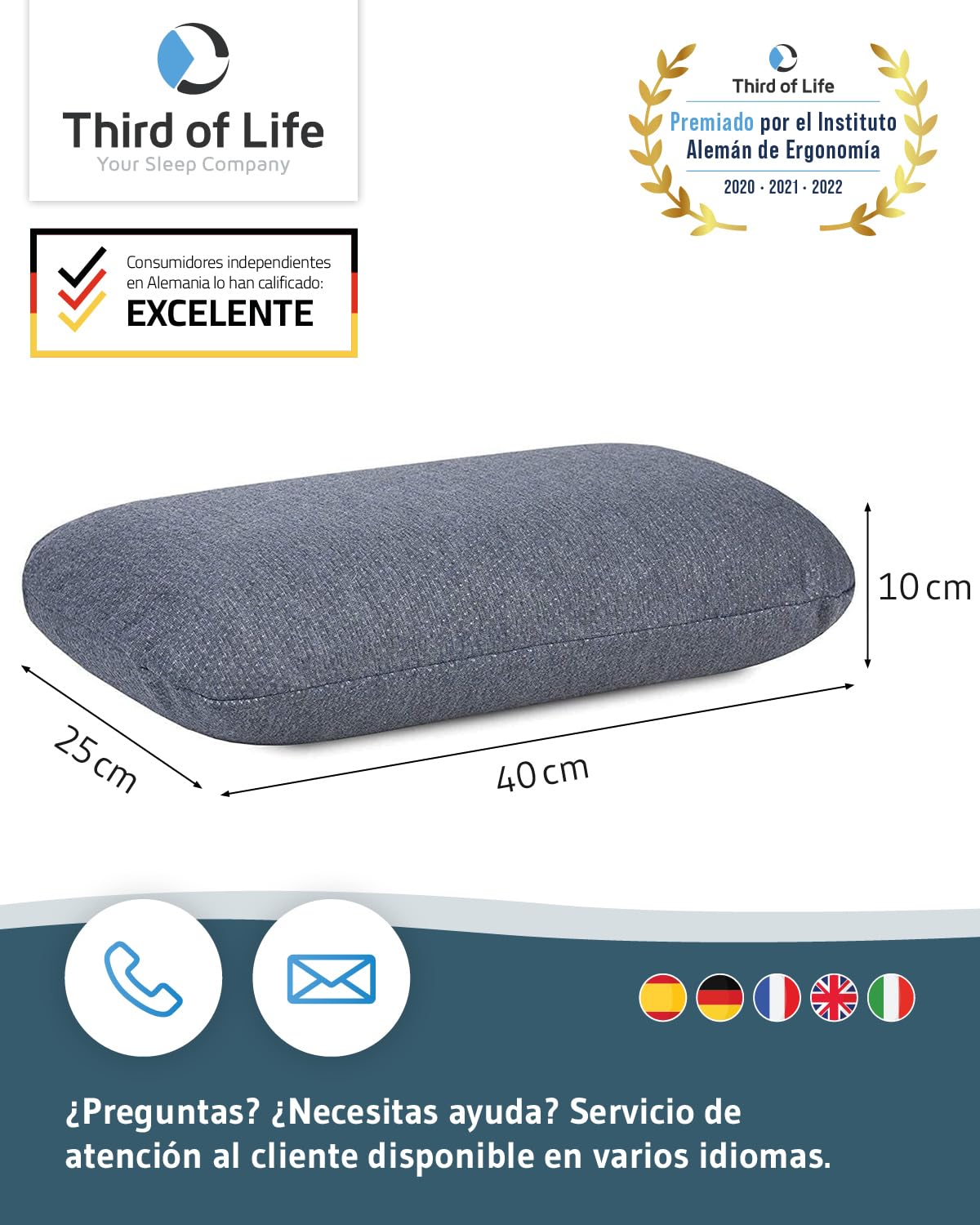 Third of Life Almohada de Viaje Volar Quickdry | Almohada Pequeña Ergonómica Viscoelástica | Funda Gris con Termorregulación y Secado Rápido | Cojín pequeño Tren, avión y Coche | Almohada Camping