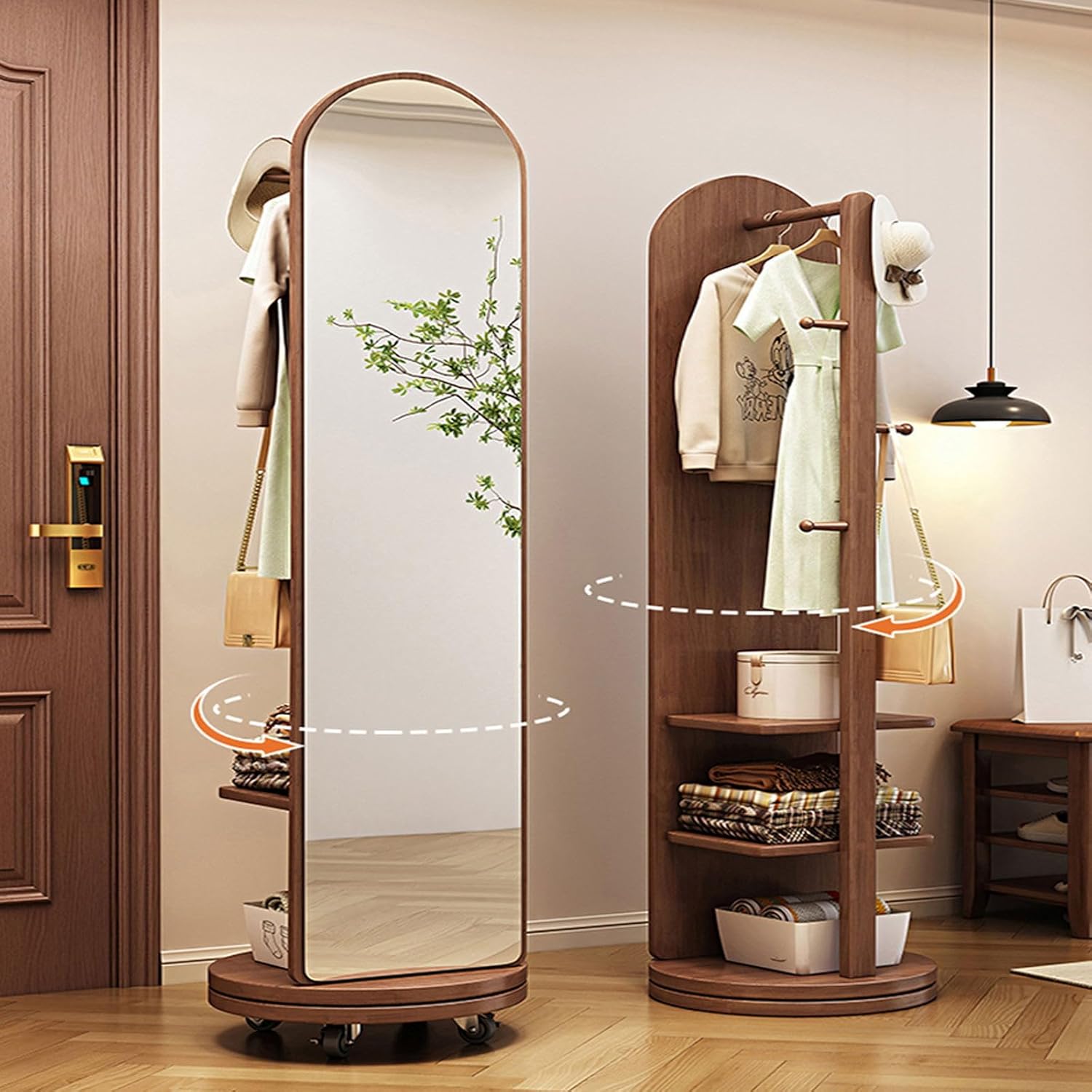 360° Rotating Solid Wood Full Length Mirror with Swivel Wheels and Coat Rack - 2-in-1 Floor Mirrors for Living Room, Bedroom, Cloakroom