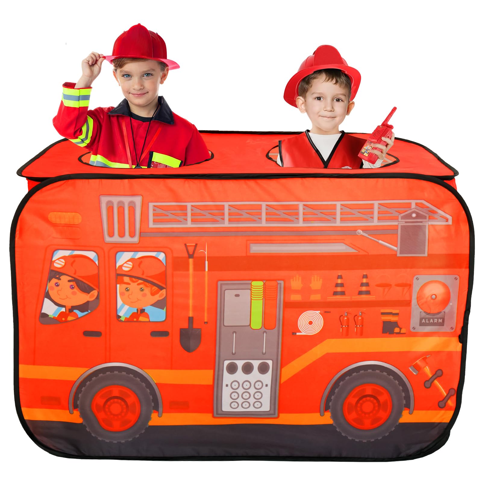 Pop Up Fire Truck Tent - Waterproof Foldable Firetruck Toy for Kids - Easy Set Up Educational Play Firefighter Tent With Steel Ring for 2-3 Toddlers Indoor and Outdoor