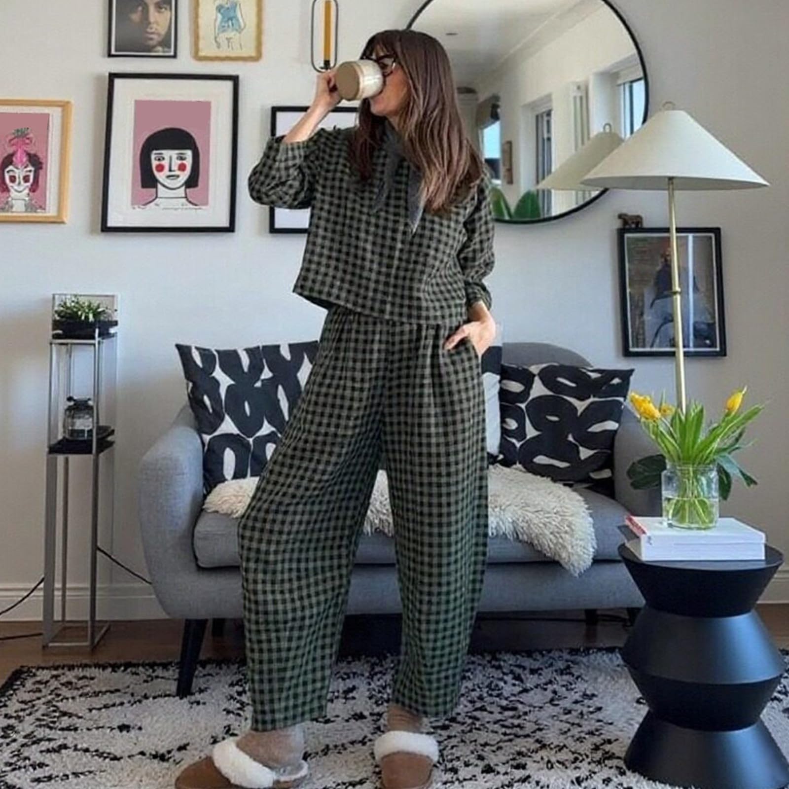 Damen Freizeit-Set Karierter Weste Langer Hose mit langärmligem Oberteil für Elegante Alltagsoutfits