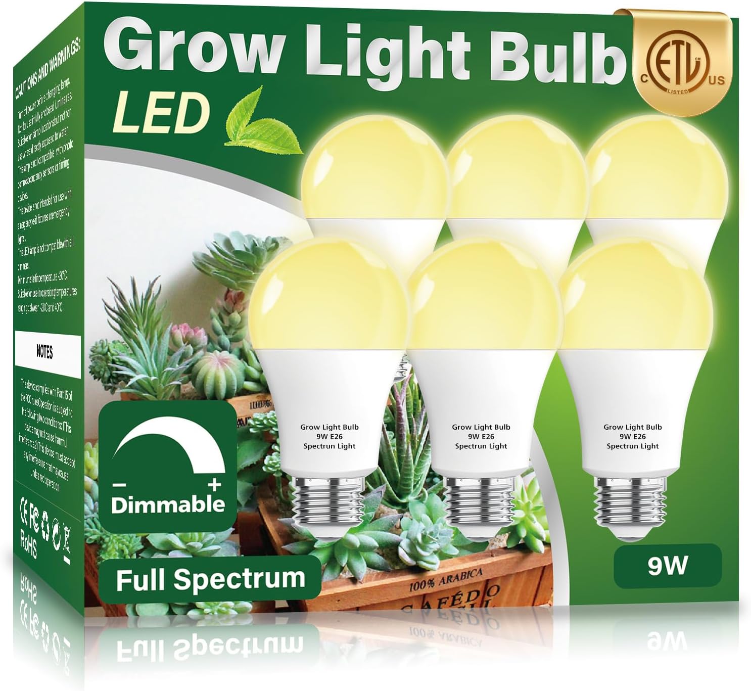 6 Pack Full Spectrum Grow Light Bulbs,A19 Grow Lights for Indoor Plants,Dimmable E26 9W Grow Bulb Replace up to 100W,Plant Lights for Indoor Growing,Flowers,Greenhouse,Indore