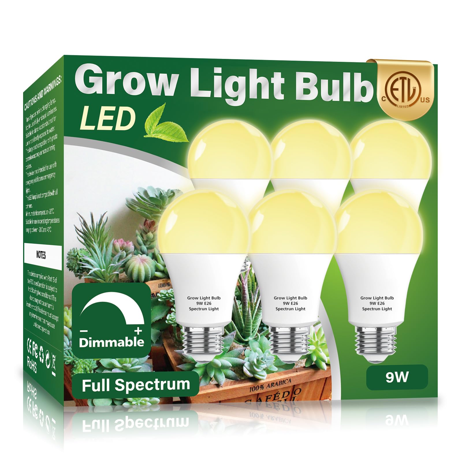 6 Pack Full Spectrum Grow Light Bulbs,A19 Grow Lights for Indoor Plants,Dimmable E26 9W Grow Bulb Replace up to 100W,Plant Lights for Indoor Growing,Flowers,Greenhouse,Indore