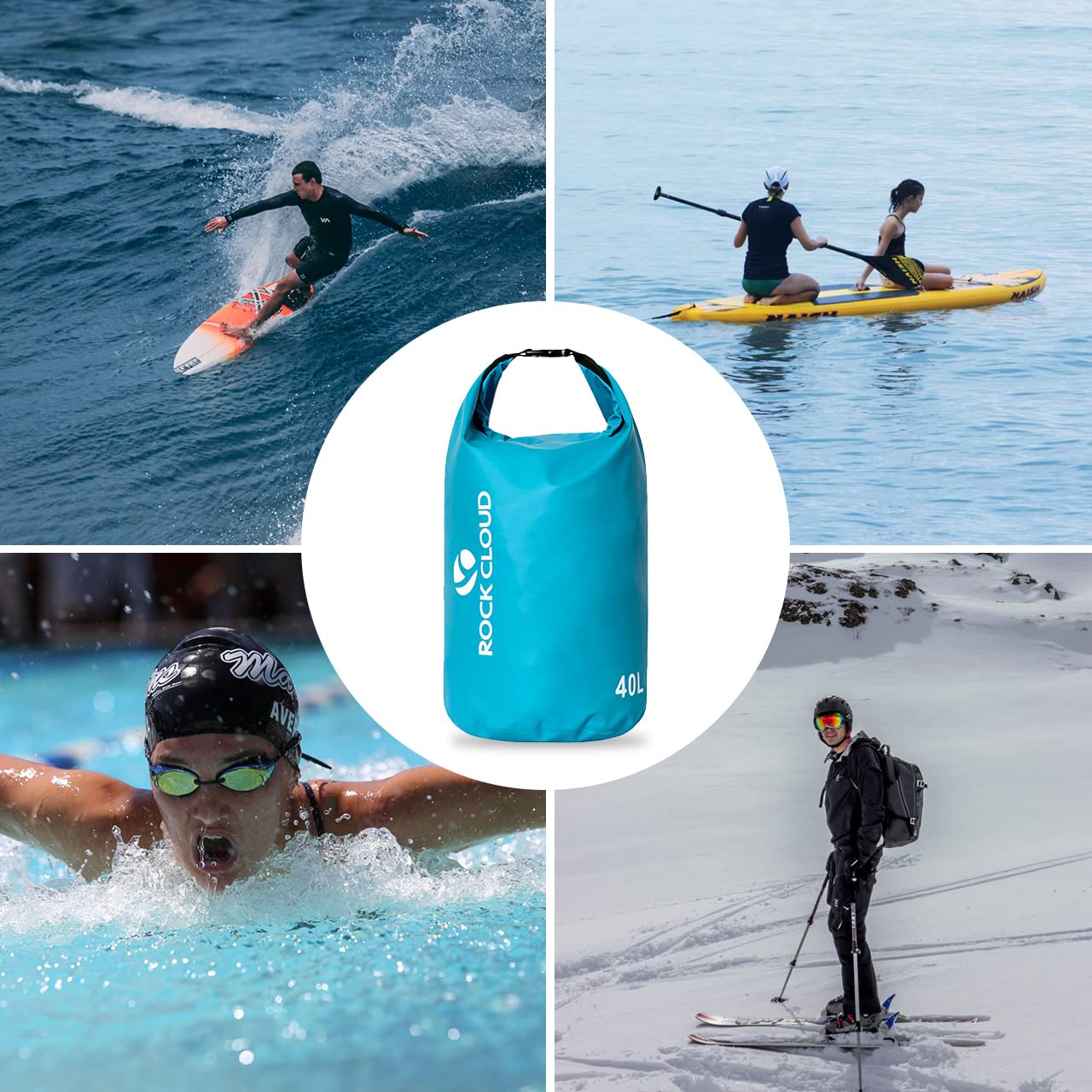 ROCK CLOUD Borsa impermeabile da 40 l, per kayak, rafting, canottaggio, spiaggia, surf, nuoto, canoa, campeggio, escursionismo, pesca, sci, blu lago, Blu lago, 40L, Dry Bag
