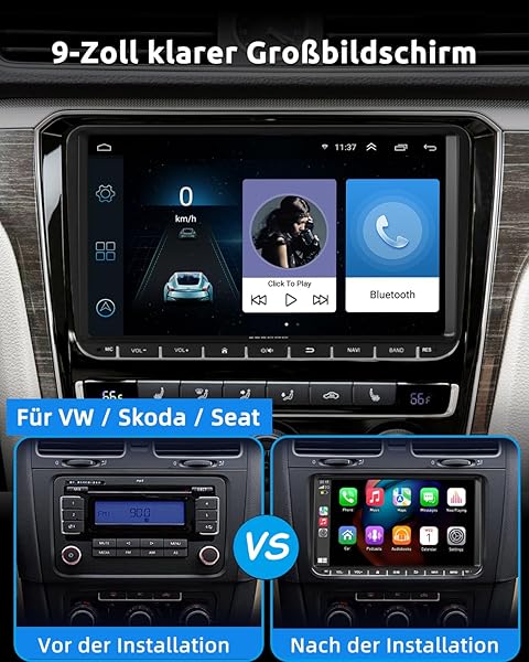 ESSGOO True 4+64G Kabelloses Autoradio, 9 Zoll Touchbildschirm mit Carplay Android Auto, Android 15 Car Radio für VW Golf 5 6 T5 Polo Passat Touran Tiguan Seat Skoda mit Bluetooth GPS AM FM RDS SWC - 3