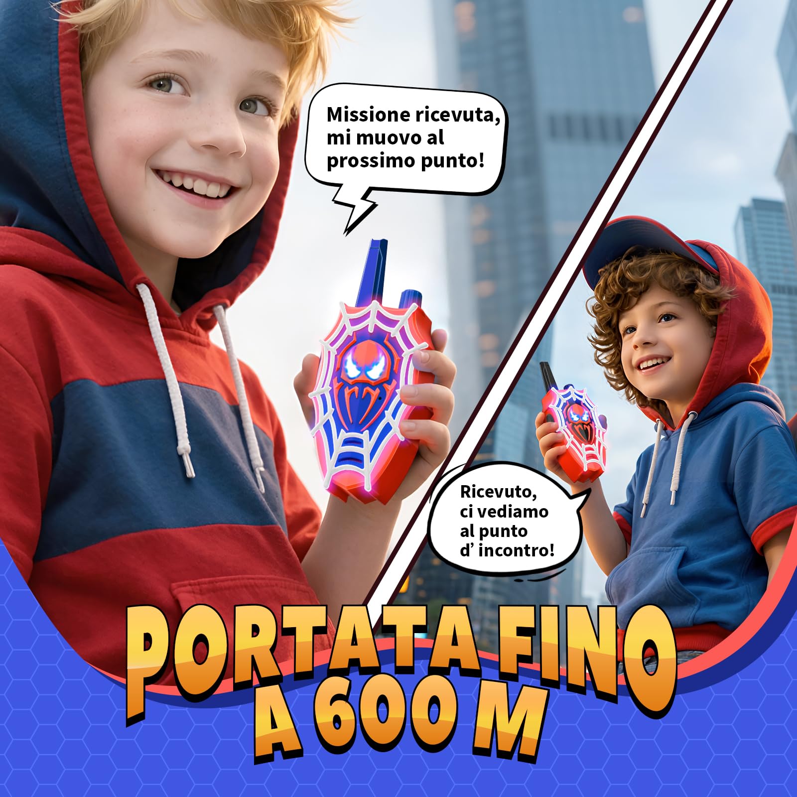 Mirthigig Walkie Talkie Bambini, Ragnatela con Luci Rosse/Blu e Occhi Lampeggianti, Giocattolo Gioco Bambino 3 4 5 6 7 8 10 11 Anni, Giocattoli Giochi Bambini 3-12 Anni, Regalo Bimbo 3-12 Anni Maschio