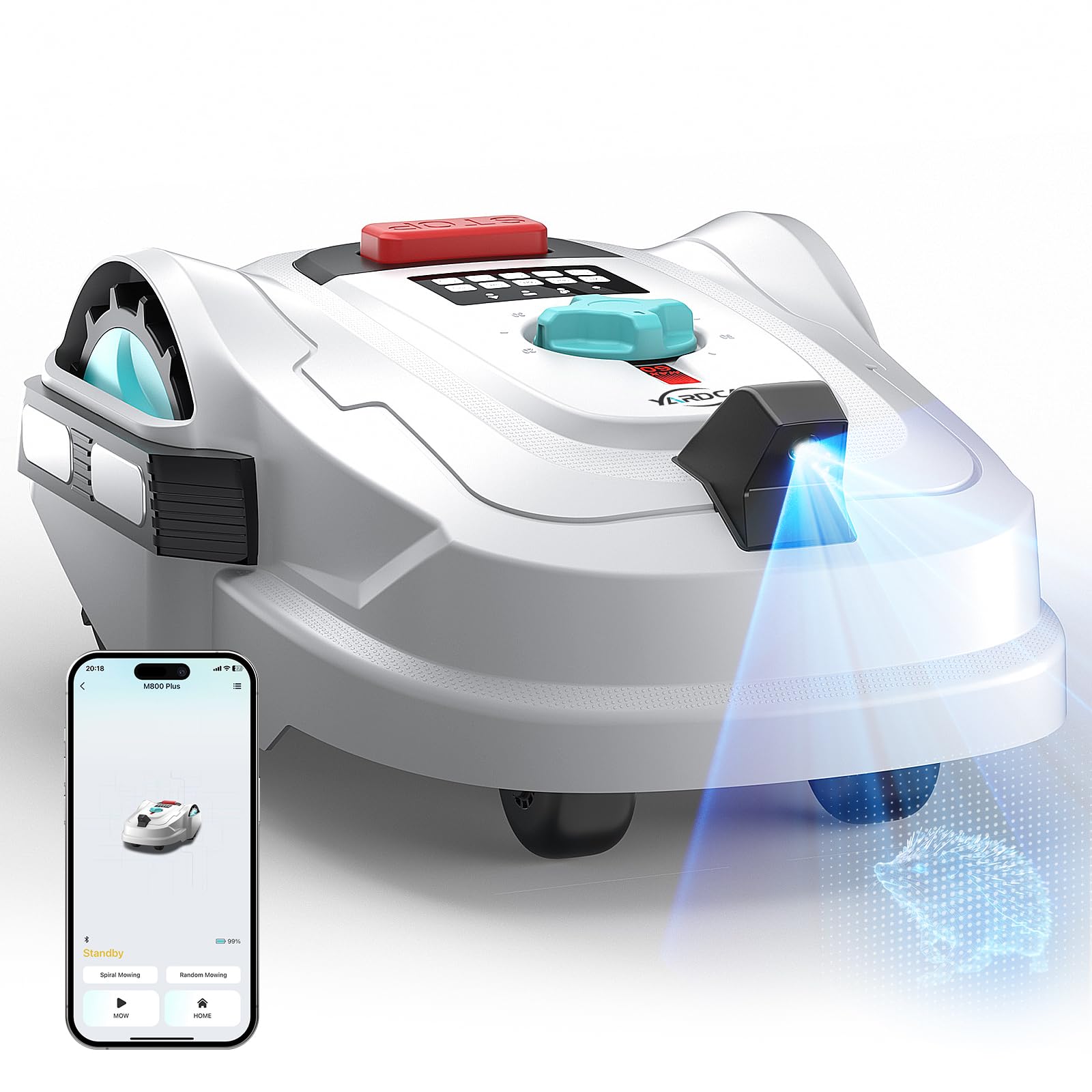YARDCARE M800Plus Robot Cortacésped sin Cable Perimetral, Posicionamiento GPS + 3D Visión, Robot Cortacésped sin Cables, Modo de Corte en U,800 m², App, Detección de 150 Obstáculos, Blanco Turquesa