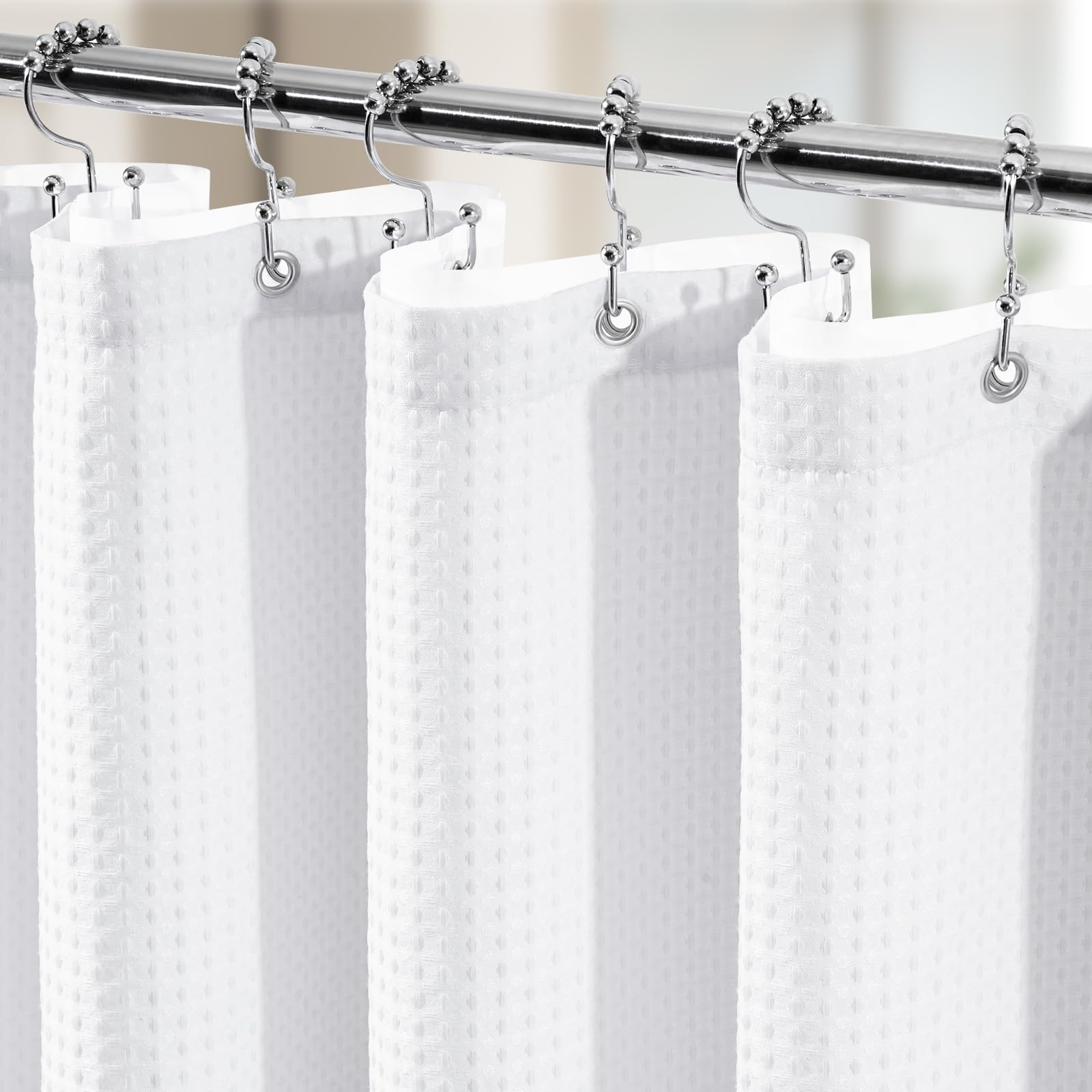 Vipfree 3 in 1 Shower Curtain Set, Waffle Shower Curtain and Liner Set with 12 Double Sided Shower Curtain Hooks, 258GSM Luxury Weighted Cloth Shower Curtains for Bathroom, 72 W x 72 H, White
