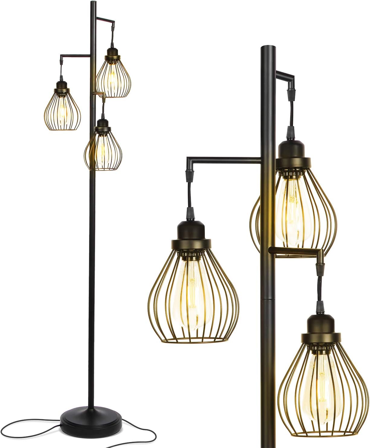 Brightech Teardrop - Modern LED Floor Lamp for Bedroom, Office, Living Room – Tall Industrial Standing Tree Lamp with 3 Elegant Cage Lamp Shades, Bright Edison Bulbs – Black