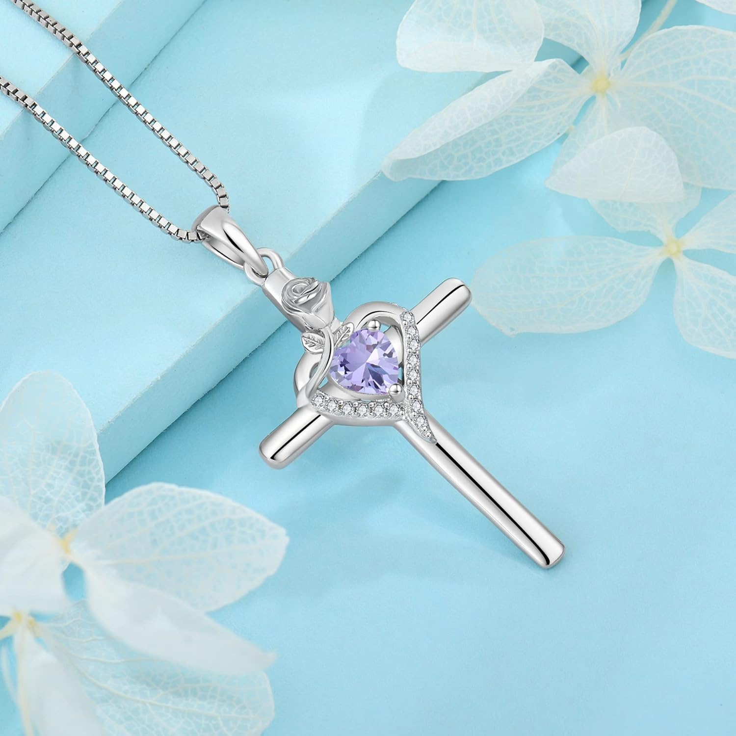 FJ Cross Necklace 925 Sterling Silver Rose Flower Pendant Religious Necklace Birthstone Jewelry for Women - Image 3