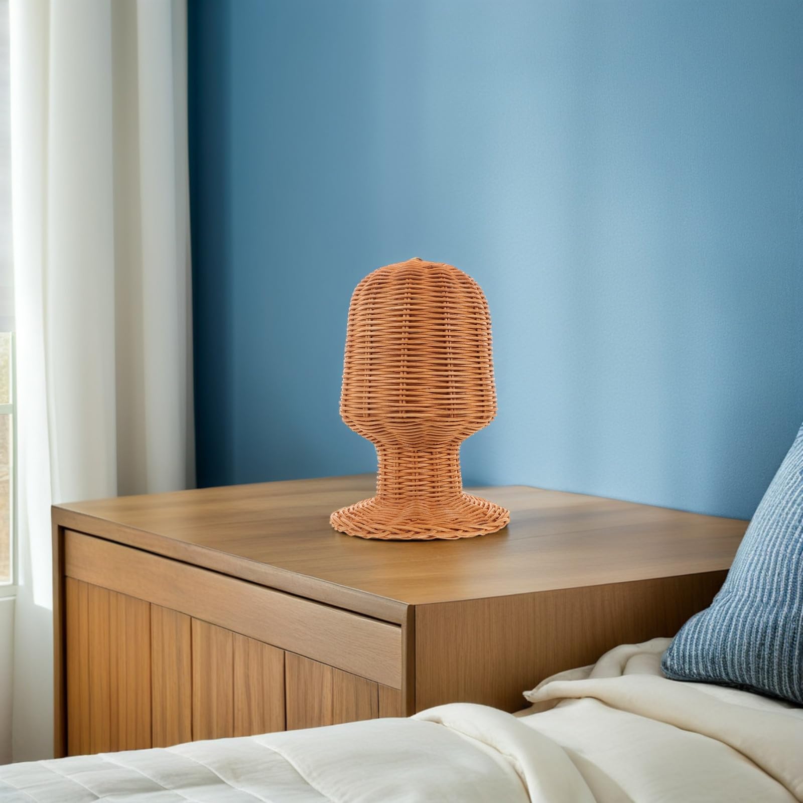 Soporte para Peluca de Ratán Tejido a Mano, Soporte Rústico para Exhibición y Almacenamiento de Pelucas y Sombreros, Altura 27 Cm, Adecuado para Salones y Uso Doméstico