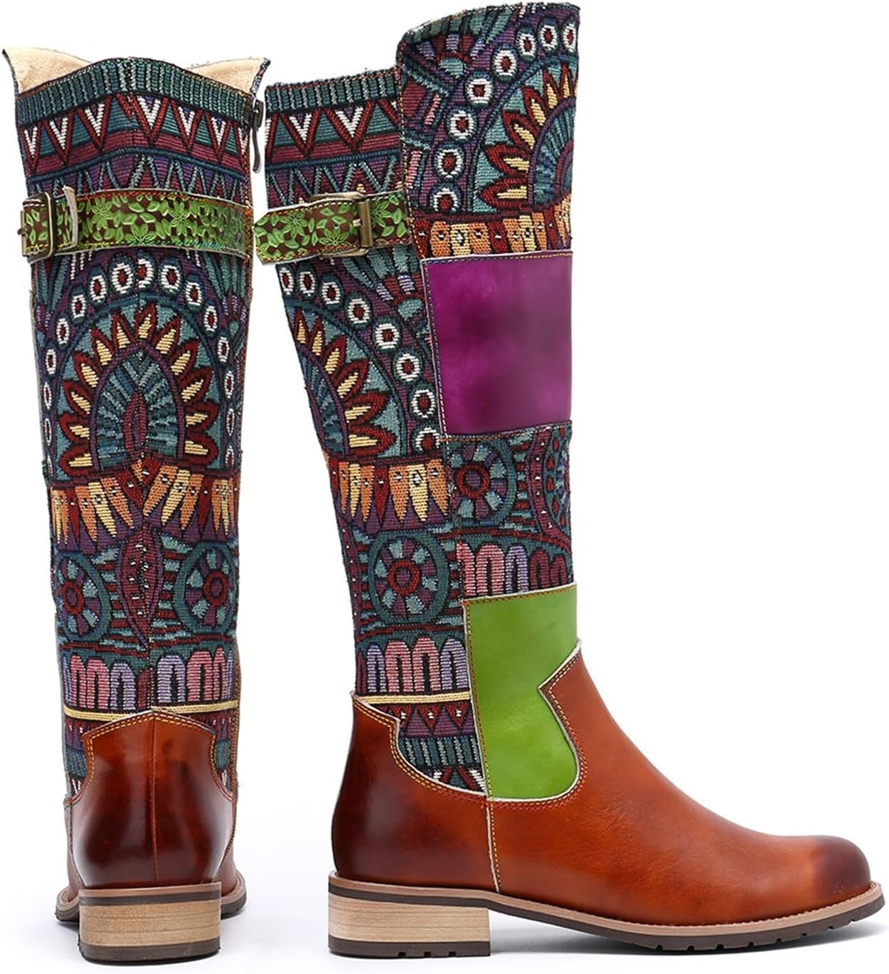 Womens Block Heel Knee-High Boots Round Toe Bohemian Splicing Flower Pattern Retro Ethnic Style Zipper Boots