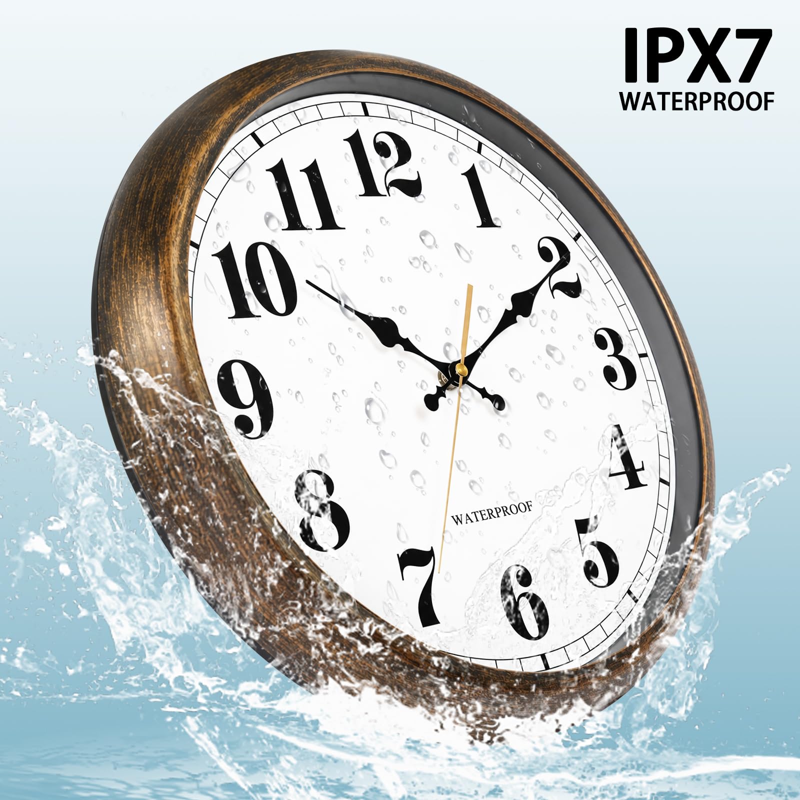 Caysie Grande horloge murale étanche à piles étanche de 40,6 cm pour piscine, terrasse, extérieur (bronze doré)