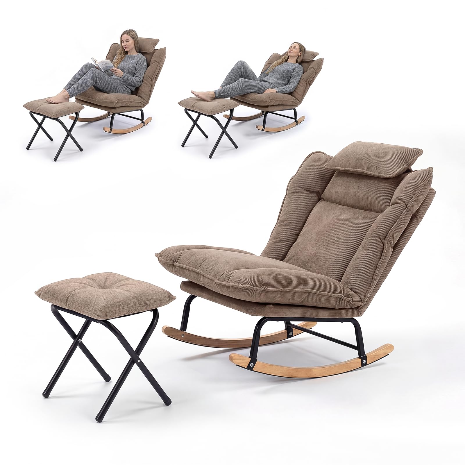Fabulcozy Fauteuil à Bascule Réglable 3 Positions (90-120°), en Velours Côtelé avec Repose-Pieds Pliable et Coussin, Structure Métal et Pieds Bois d'Hévéa, pour Salon, Chambre,Allaitement,Kaki
