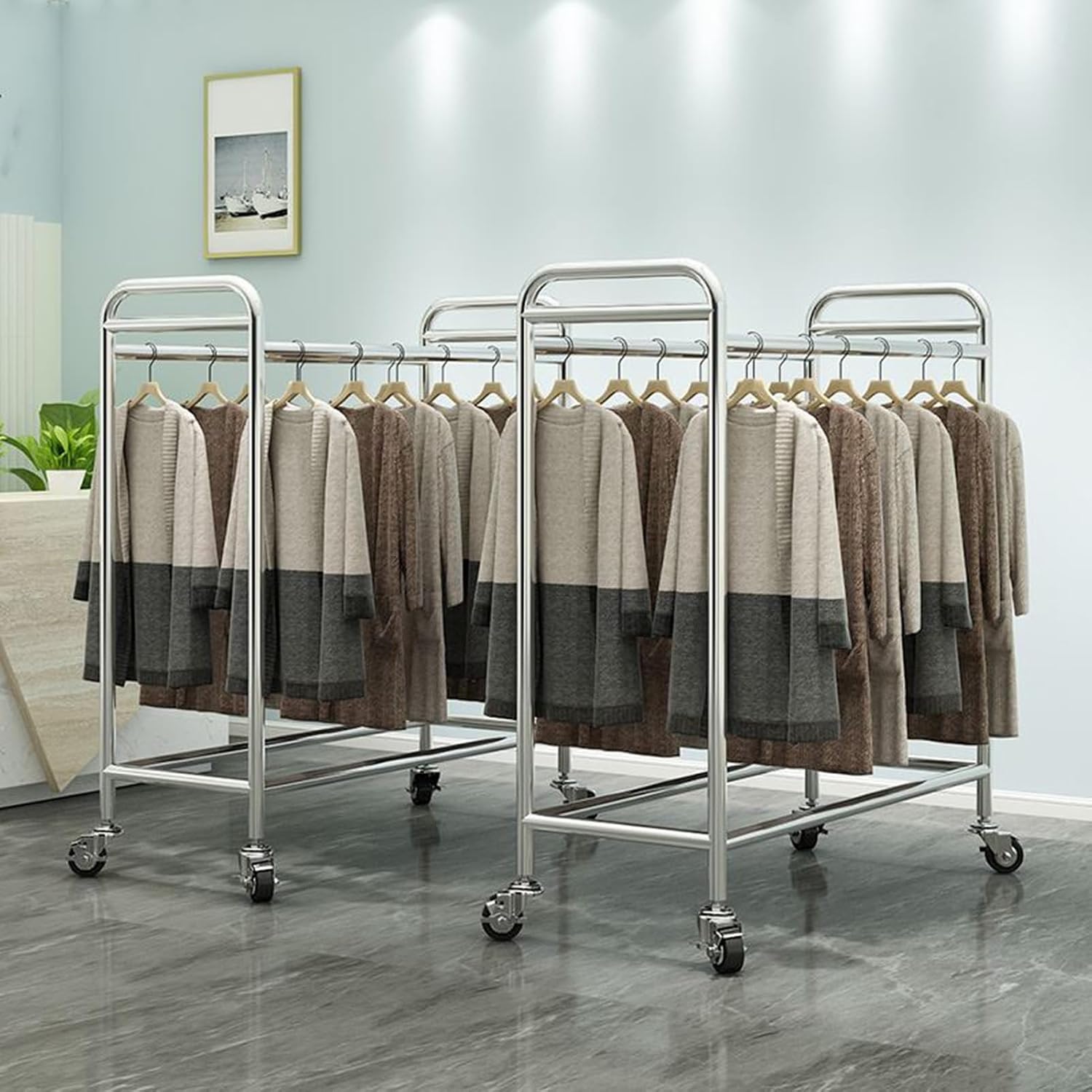 Stainless Steel Clothing Store Retail Display Racks, Garment Racks, Pants Hangers, Portable Trouser Scarves Skirts Organizer, Double Row Nakajima Storage Commercial Shelves (Color : Silver,