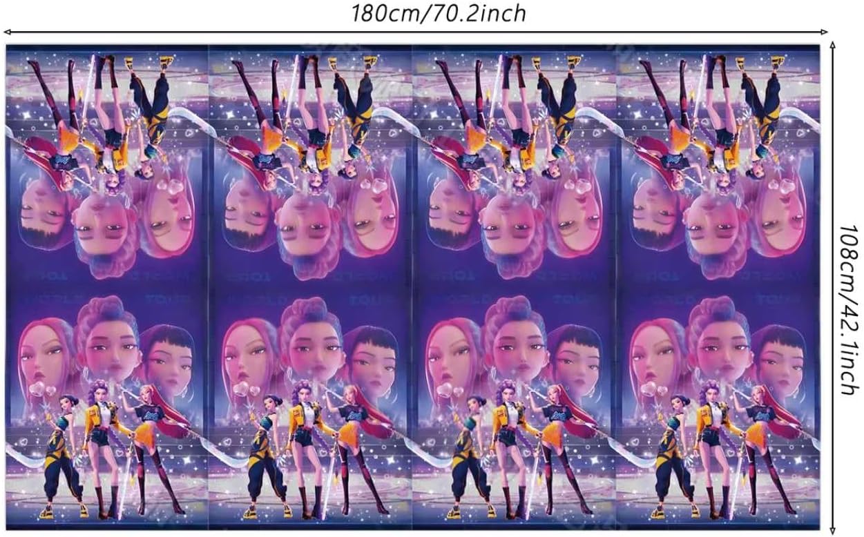 Demon Movie Hunters Table Cloths - 3 Korean Idol Singer Musical Table Cover Disposable Plastic Waterproof Tablecloths Purple Cartoon Party Supplies for Boys Girls Fans Concert Birthday Party