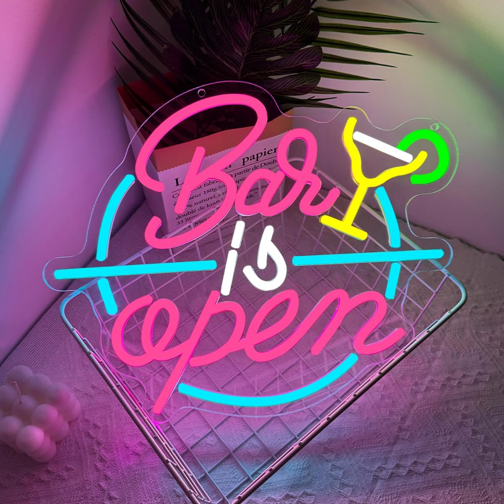 Bar is Open Neon LED Room Decor,Cocktail Insegna Neon per Bar Nightclub Party Garage Man Cave Gaming Room Sala Giochi Camera da Letto,Cocktail Scritte LED Regalo Colorati per Uomini Donne （13"*12.7"）