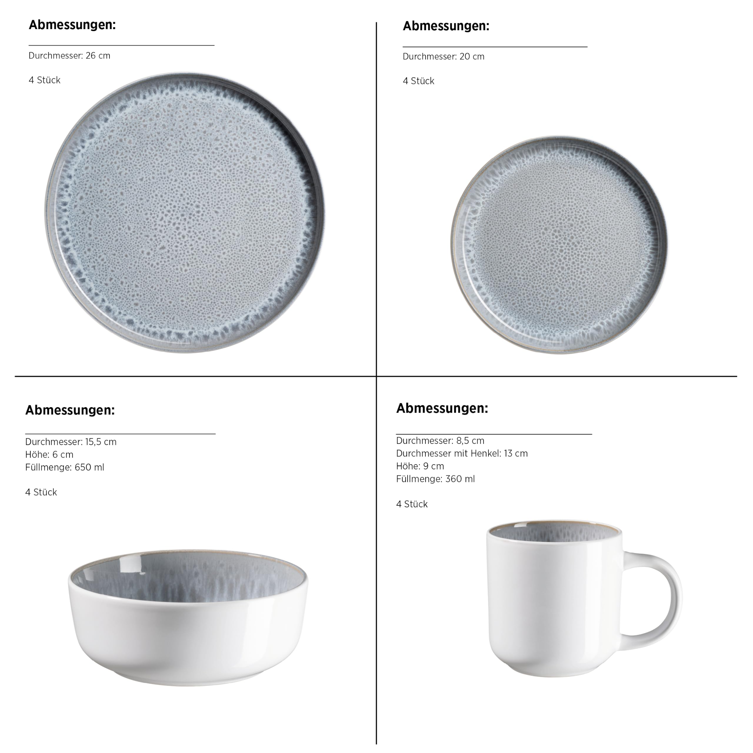 MÄSER 934435 Lunaria zestaw naczyń ceramicznych dla 4 osób, 16-częściowy zestaw naczyń kombi; glazura reaktywna, kamionka, szary
