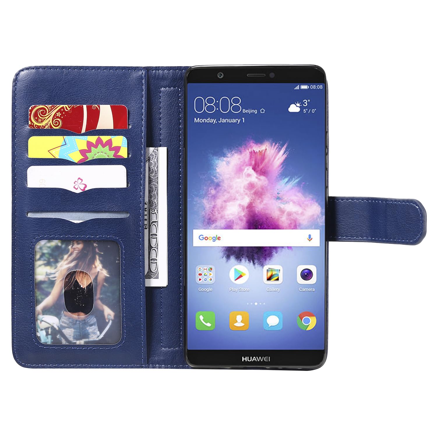 Asuwish Custodia A Portafoglio In Pelle Con Fiori Per Huawei P Smart 2017/2018 E Honor 9 Lite - Con 6 Slot Carte, Cerniera, Supporto E Cinturino + Vetro Protettivo - 3