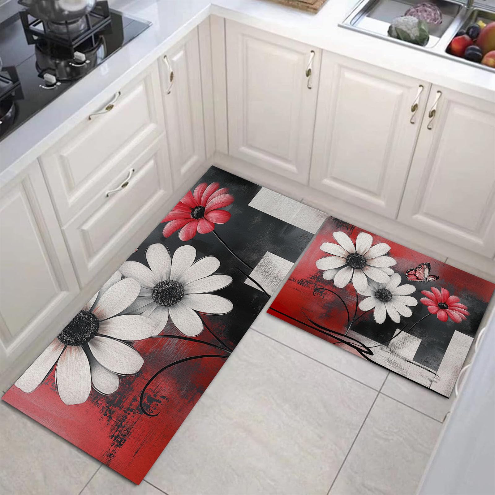 Tapis de sol pour l'intérieur et la cuinette au foyer style moderne floral 2 pièces