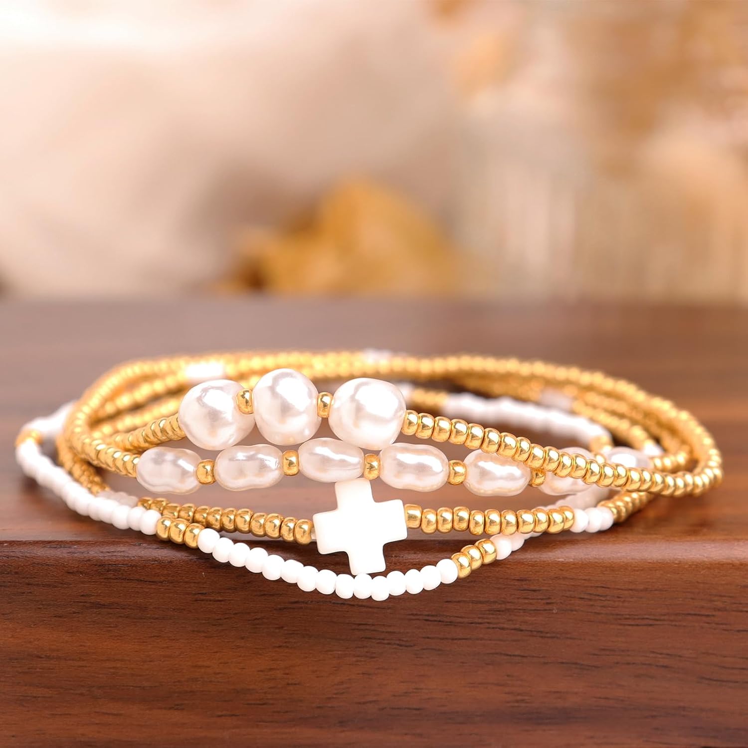 Gold Beaded Cross Stack Bracelets Set for Women, 4Pcs Trendy Boho Handmade White Small Beads Pearl Stackable Stretch Bracelet Outfit Accessories Jewelry Gift. - Image 7