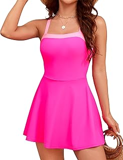 Women's One Piece Swimsuits Tummy Control Swimdress Color Block Bathing Suit Skirted Swimwear with Pockets - Buy now