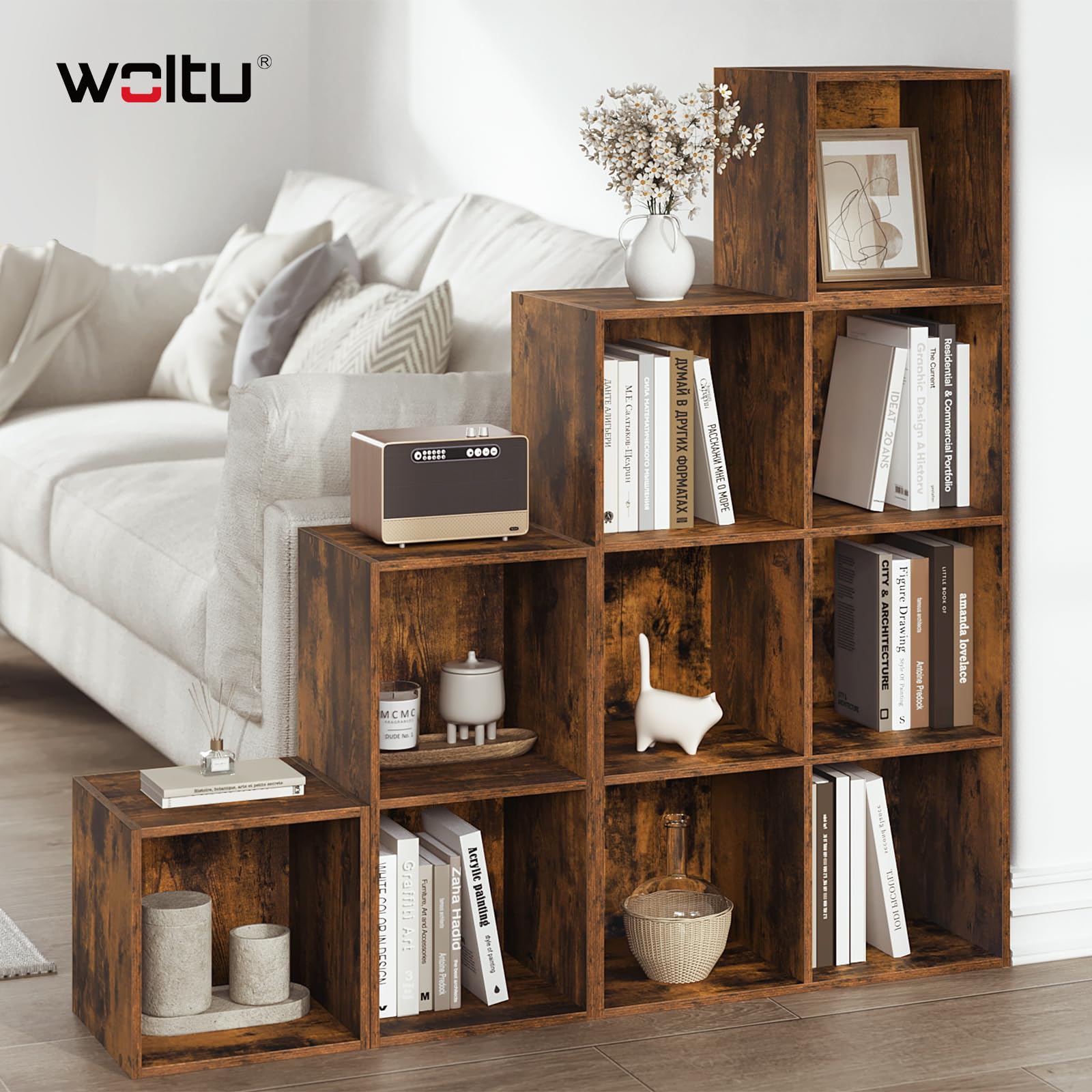 WOLTU Libreria Scaffale, Libreria a 10 Cubi, Scaffale a Scala Componibile | Mobile Portaoggetti in Legno, Divisorio per Camera da Letto, Soggiorno, Ufficio, 120x30x120 cm, Marrone Rustico