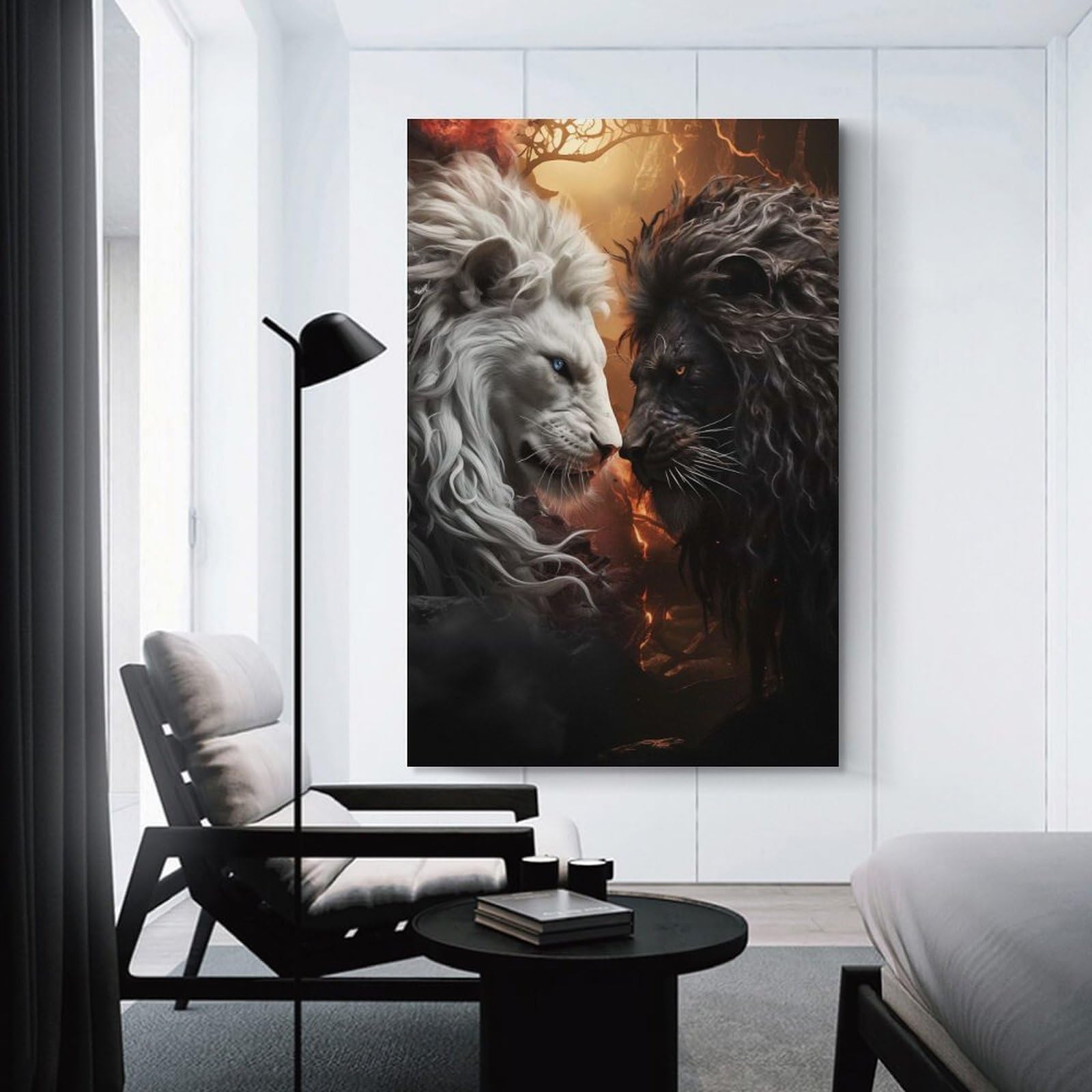 Junmoney Black And White Lion Wall Decor Canvas Print, 20x30inch(50x75cm), for Living Room, Lounge Or Sitting Room, Easy Decor for Gallery Walls