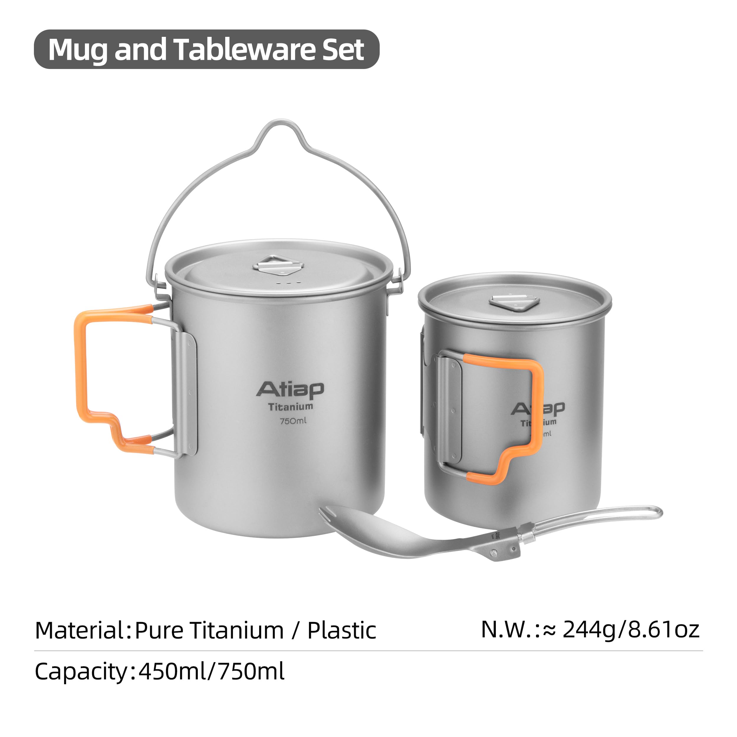 Titan Camping Becher Set Ultraleicht – Outdoor Topf 750ml mit Bügelgriff & Deckel, Camping Tasse mit Klappgriff, Klapplöffel & Netzbeutel – Geschirr Set für Trekking, Wandern, Bushcraft